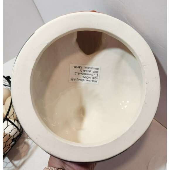 Ceramic Chicken Sitting on Black Metal Egg Basket with Eggs Farmhouse Decor - Picture 13 of 15